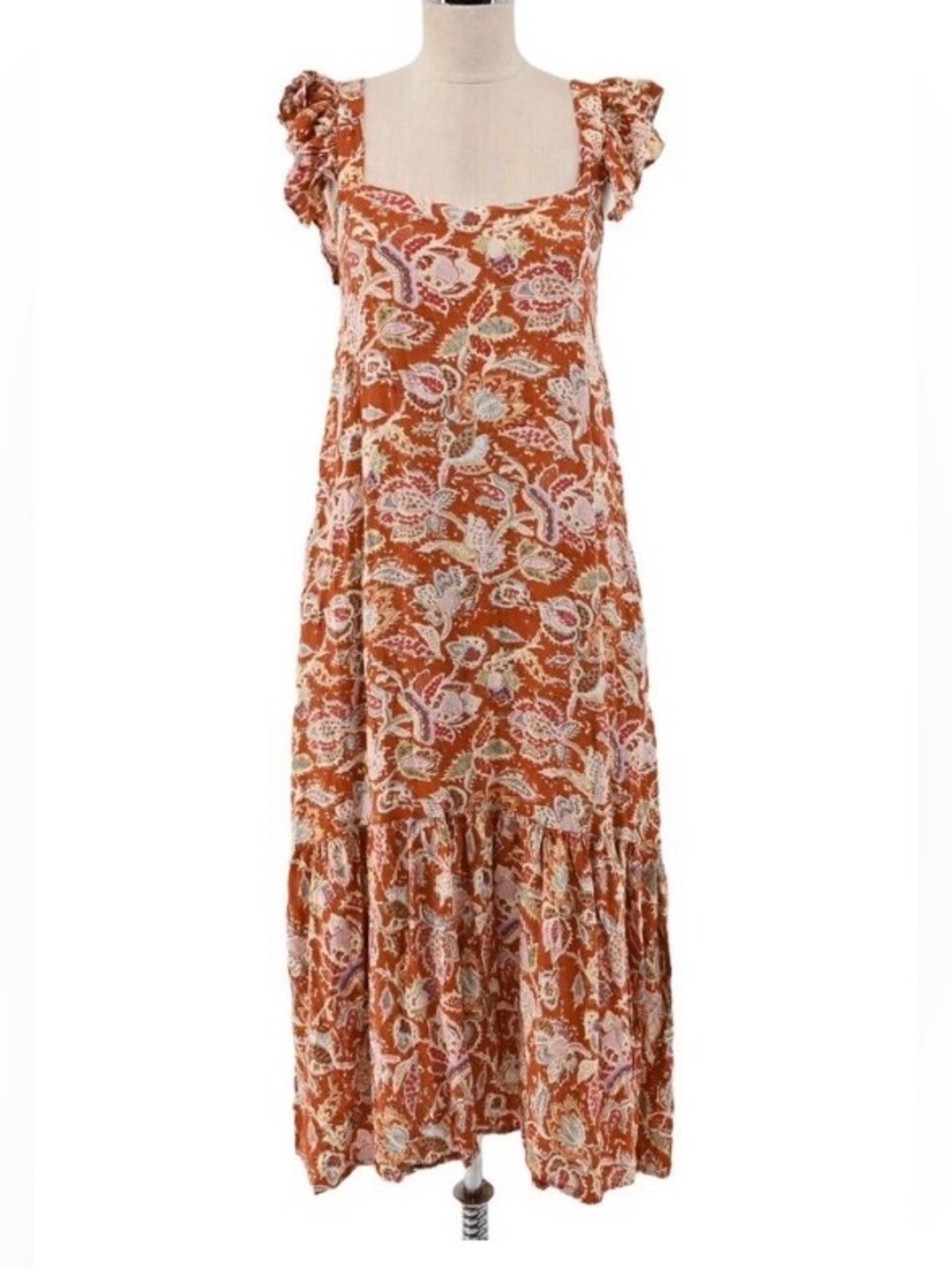 House of Harlow 1960 Rust Floral Maxi Dress with Ruffle Sleeves